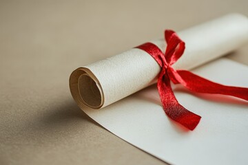 A rolled paper document tied with a red satin ribbon on paper