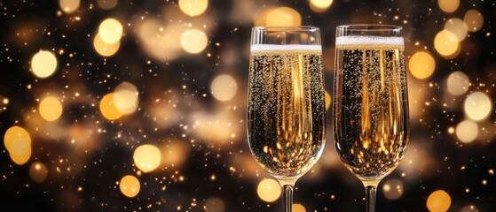 Sparkling champagne flutes on a festive dark background with bokeh lights creating a celebratory mood for new year anniversary