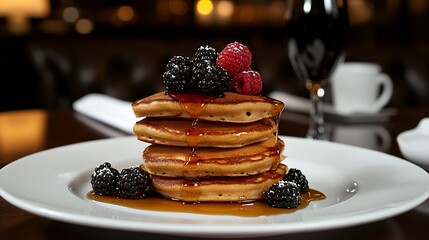 stacked fluffy pancakes drizzled with maple syrup and butter