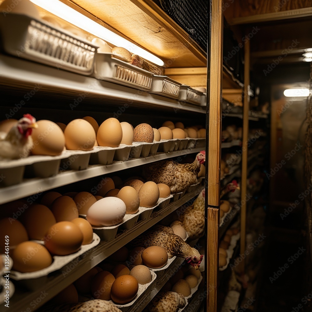 Poster fresh eggs on shelf with chickens in background capturing farm life with natural light and rustic ch