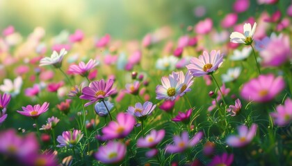 Obraz premium Blooming spring flowers field in high fidelity with copy space for design or print