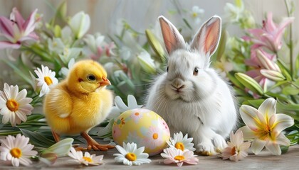 Fluffy white bunny and yellow chick with easter egg in spring floral setting