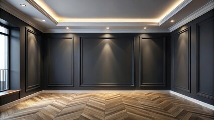 A spacious interior with dark walls and a chevron patterned wooden floor, featuring intricate molding and subtle recessed lighting.