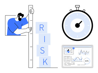 Person using a ruler to assess Risk blocks, stopwatch displaying urgency, data dashboard showcasing analytics. Ideal for risk assessment, time management, analytics, strategy, business planning