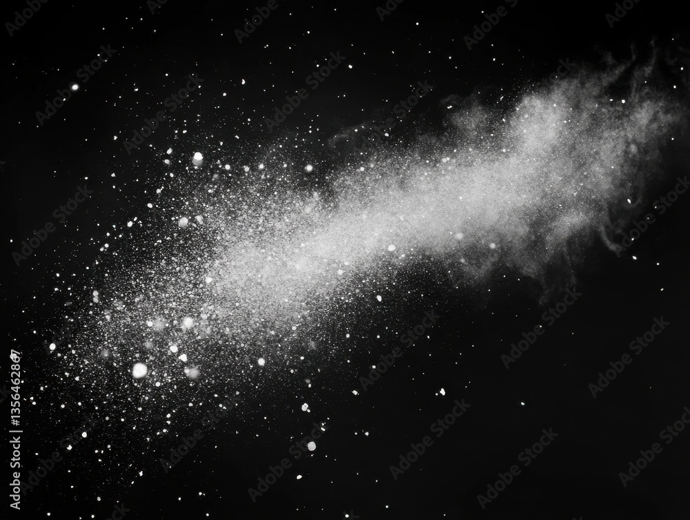 Poster abstract white powder explosion against black background capturing dynamic movement and ethereal tex