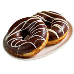 Gourmet chocolate and matcher donuts with white chocolate drizzle, vibrant colors, and artisanal textures on a white ceramic plate
