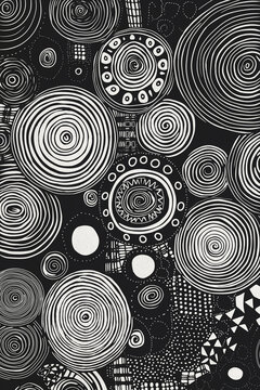 Abstract black and white circular pattern design with concentric swirls
