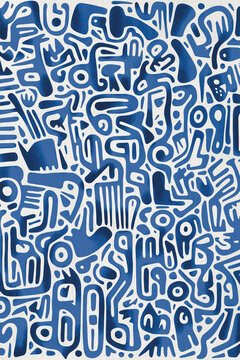 Abstract blue and white pattern design with intricate shapes