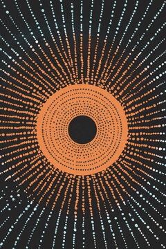 Abstract circular pattern with orange and blue dots on a black background