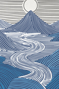 Abstract illustration of a mountain landscape with a flowing river and sun in blue and white.