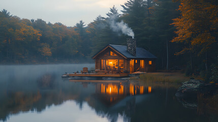Obraz premium Photography of a peaceful lakeside cabin in the evening, with smoke rising gently from the chimney and the surrounding trees basked in the warm twilight glow.
