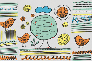 Whimsical illustration of birds and a tree with abstract patterns