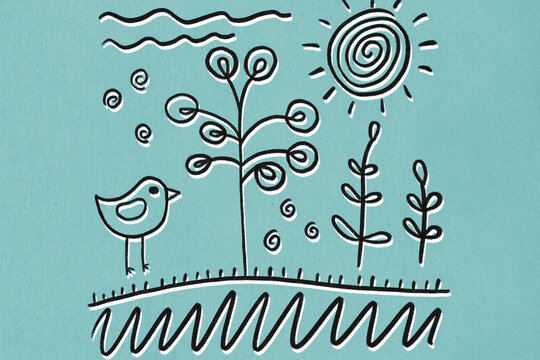 Whimsical nature illustration with bird, trees, and sun on a blue background