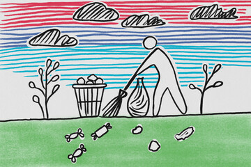 Illustration of a stick figure cleaning up trash outdoors with a focus on recycling and sustainability