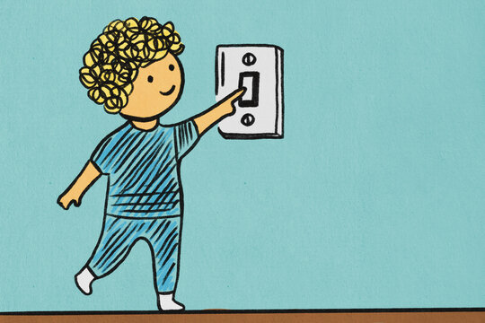 Illustration of a child turning off a light switch to save electricity