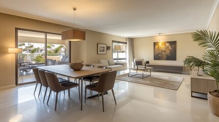 Modern interior design of apartment, dining room with table and chairs, empty living room with beige wall, panorama.