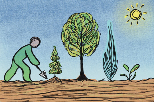 Illustration of a person planting trees under a sunny sky