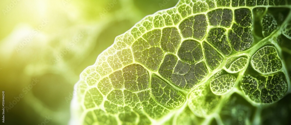 Poster intricate green leaf vein structure illuminated by soft sunlight creating a natural abstract pattern