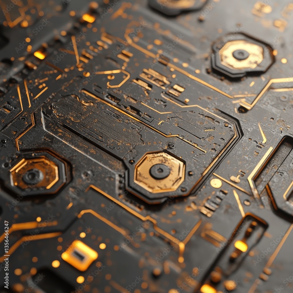 Poster close-up of a circuit board with intricate electronic components and pathways.