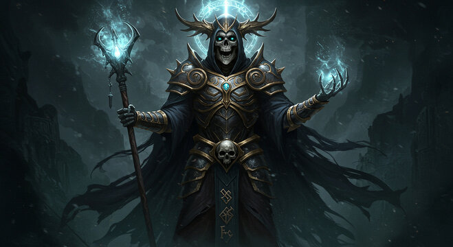 Undead Necromancer Wielding Magic Fantasy Character in Dark Ambience