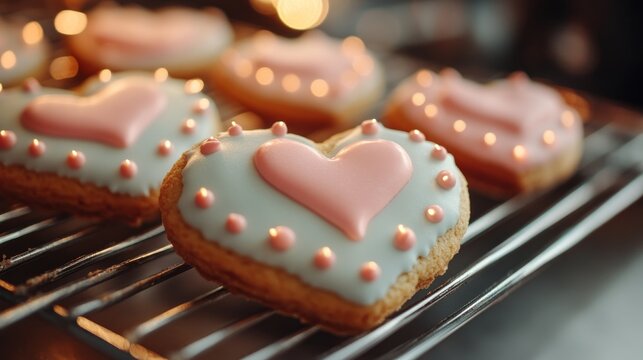 Heart-shaped cookies with pink icing and decorative sprinkles on a cooling rack in a bakery