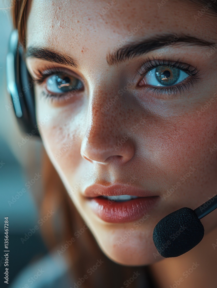 Poster closeup of a female call center agent handling customer queries professional and attentive with a he