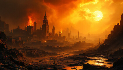 a dramatic and surreal cityscape featuring towering buildings silhoutted againts a fiery