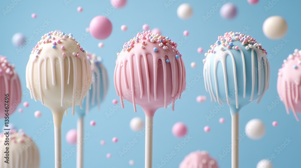 Poster delightful pastel cake pops with sprinkles and icing on a soft blue background creating a whimsical 