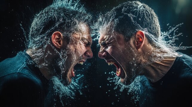 Angry man fight with mirror reflection. Furious mad guy have inner conflict and mental health problems. Suffering from abuse and self-violence. Anger control. Flat vector illustration.