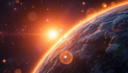 a stunning view of planet earth from space, featuring a vibrant sunrise and fiery horizon