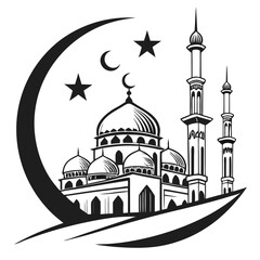vector illustration of a mosque with domes and minarets, enclosed within a crescent moon and accompanied by a star. 