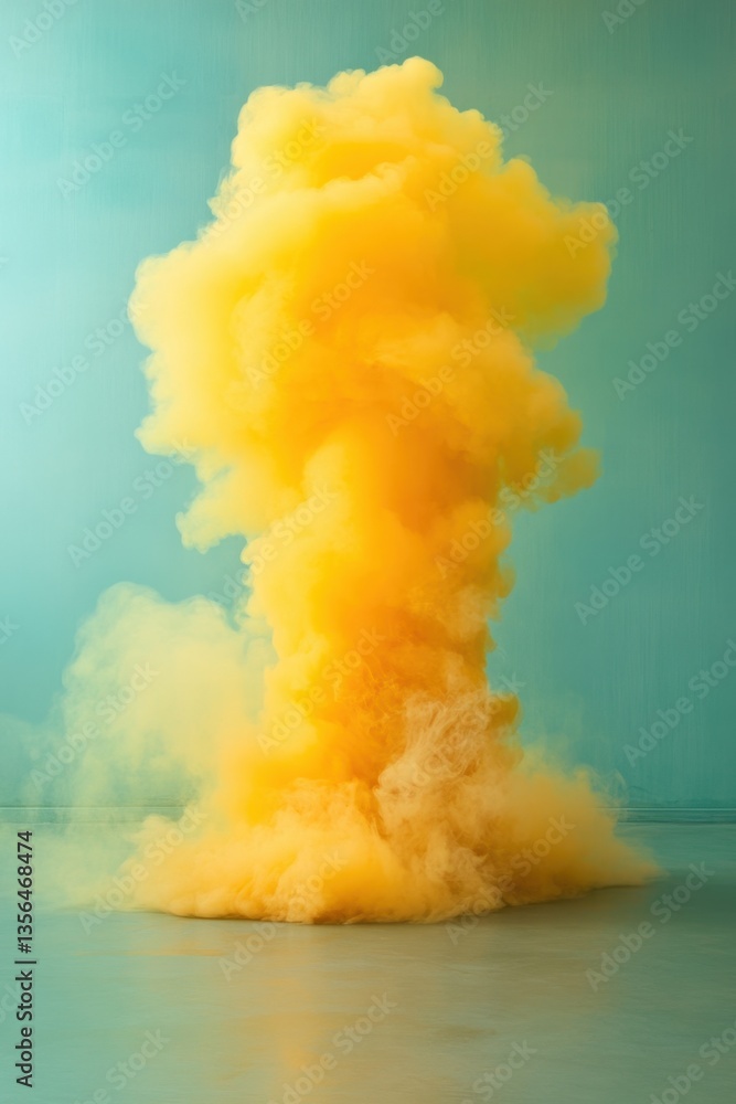 Poster captivating yellow smoke cloud against a serene teal backdrop creating a dynamic visual effect and a