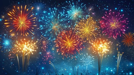 Fototapeta premium Exploding festival firework. Festive show in night sky. Flashes of celebratory salutes. Holiday celebration scene. Colorful flat vector cartoon illustration