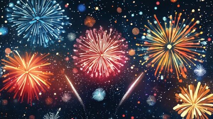 Fototapeta premium Exploding festival firework. Festive show in night sky. Flashes of celebratory salutes. Holiday celebration scene. Colorful flat vector cartoon illustration