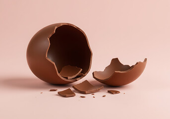 A cracked chocolate Easter egg reveals delicious shards against a soft pink backdrop, hinting at festive indulgence.