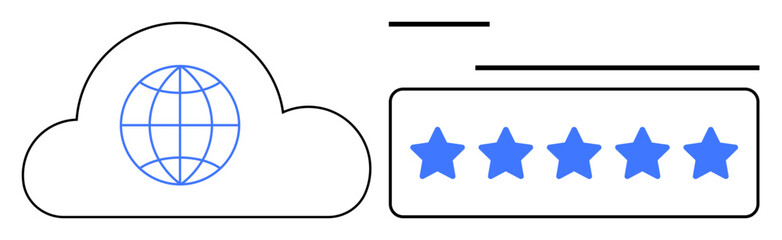 Cloud with globe icon symbolizes global connectivity next to a five-star rating, representing quality service and reliability. Ideal for technology, cloud storage, communication, online reviews