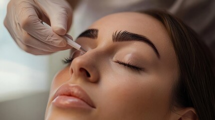 A beautician is giving a carbon peel facial to a woman at a beauty salon. This is a type of skincare treatment.  