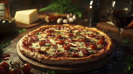Delicious pizza topped with pepperoni and herbs on wooden table  