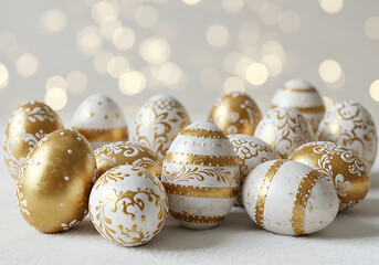 Obraz premium Artistically decorated Easter eggs in gold and white create a festive and elegant atmosphere.
