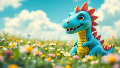 cute cartoon  blue dinosaur in a flower field