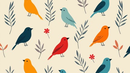 Obraz premium Colorful birds in a whimsical pattern surrounded by leaves and flowers on a light background, perfect for fabric, wallpaper, and digital designs