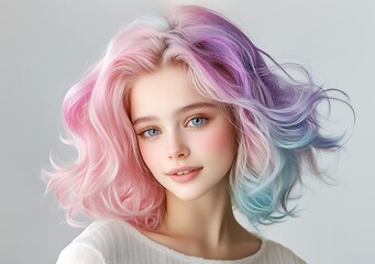 Fototapeta premium Vibrant urban illustration woman with pastel rainbow hair in artistic portrait style