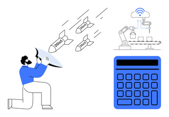 Man with shield deflecting DDoS attacks targeting IoT automation in a smart factory setup and digital calculator. Ideal for cybersecurity, IoT, smart industry, online threat protection, data safety