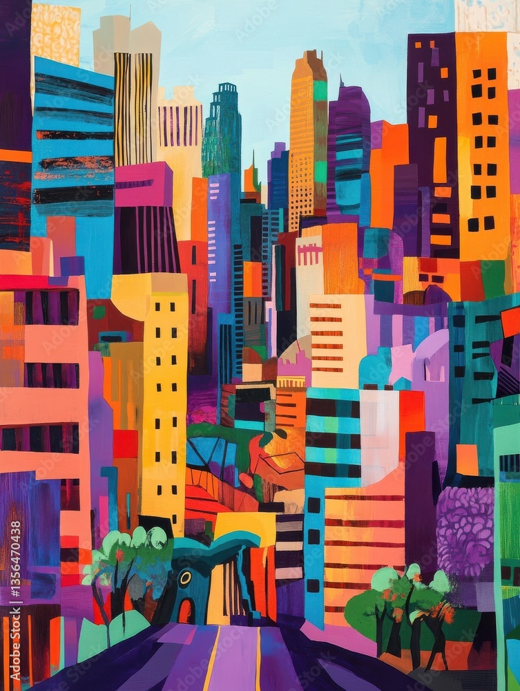 Aufkleber a colorful cityscape in a pop art style with bold shapes and patterns