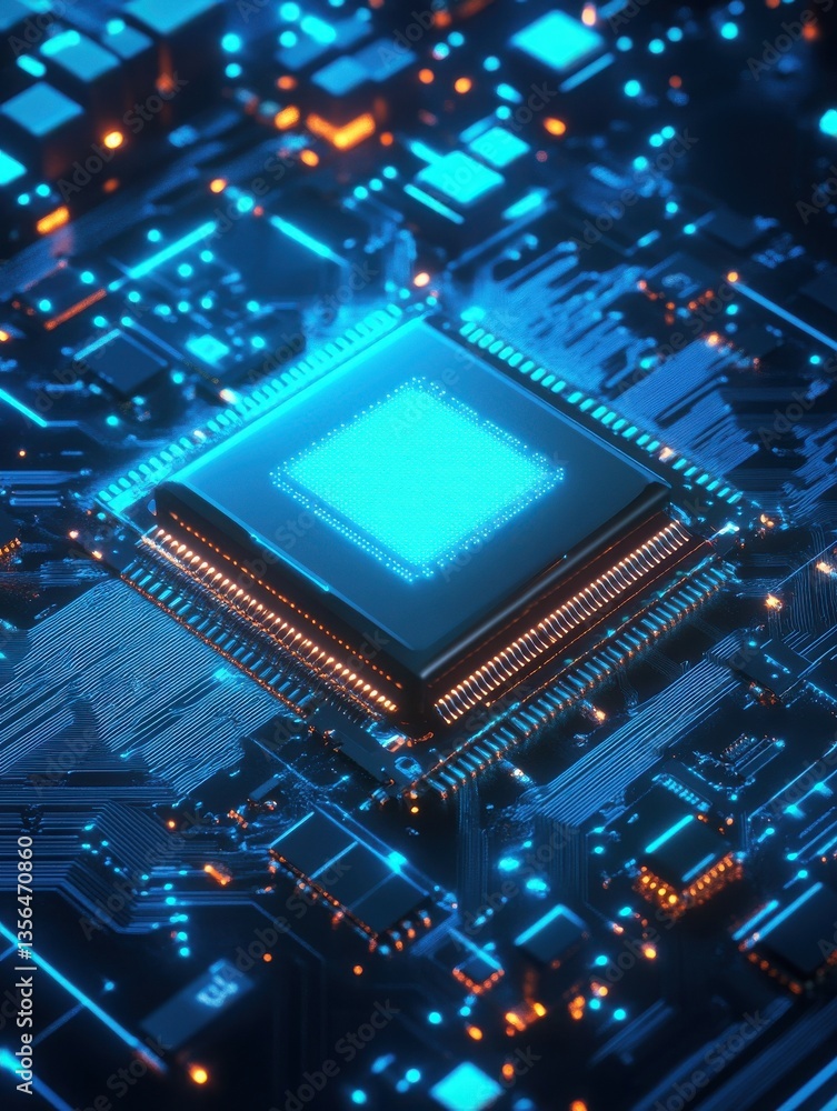 Poster futuristic microchip with glowing blue circuits, representing advanced technology and artificial int