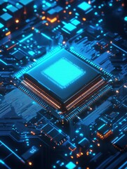 Fototapeta premium Futuristic microchip with glowing blue circuits, representing advanced technology and artificial intelligence in digital electronics.
