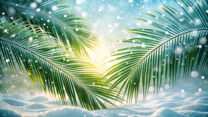 Tropical Palm Leaves Against a Wintery Background, a Festive Blend of Summer and Cold