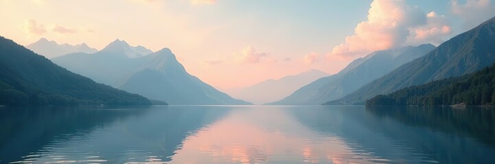Soft cloudy sky over a serene lake with surrounding mountains, warm, light, peaceful