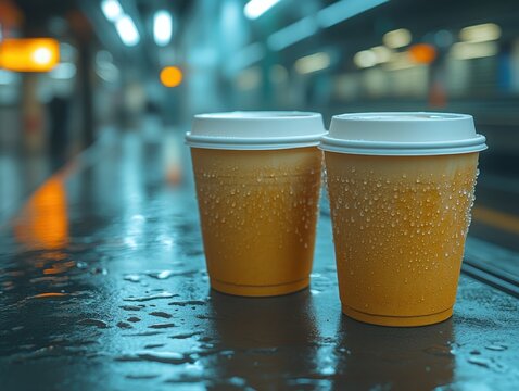 Rainy Night Coffee Break Two Cups at Train Station.