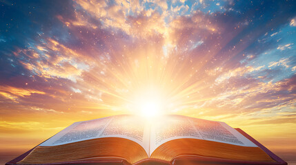 A Bible illustration with an open book in a serene paradise setting, evoking spiritual peace and divine wisdom in a landscape art style.
